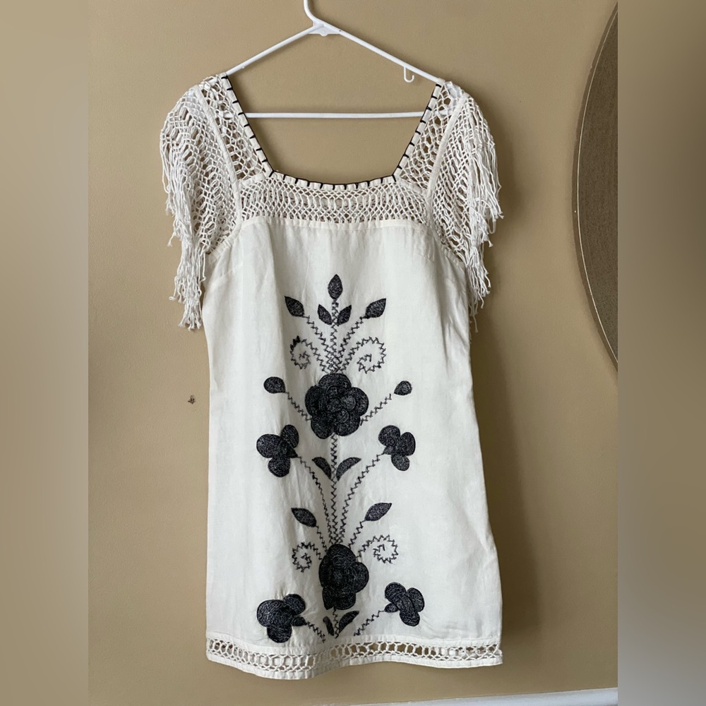 Free People Cream Mini Dress with Black Floral Embroidery - Picture 5 of 14